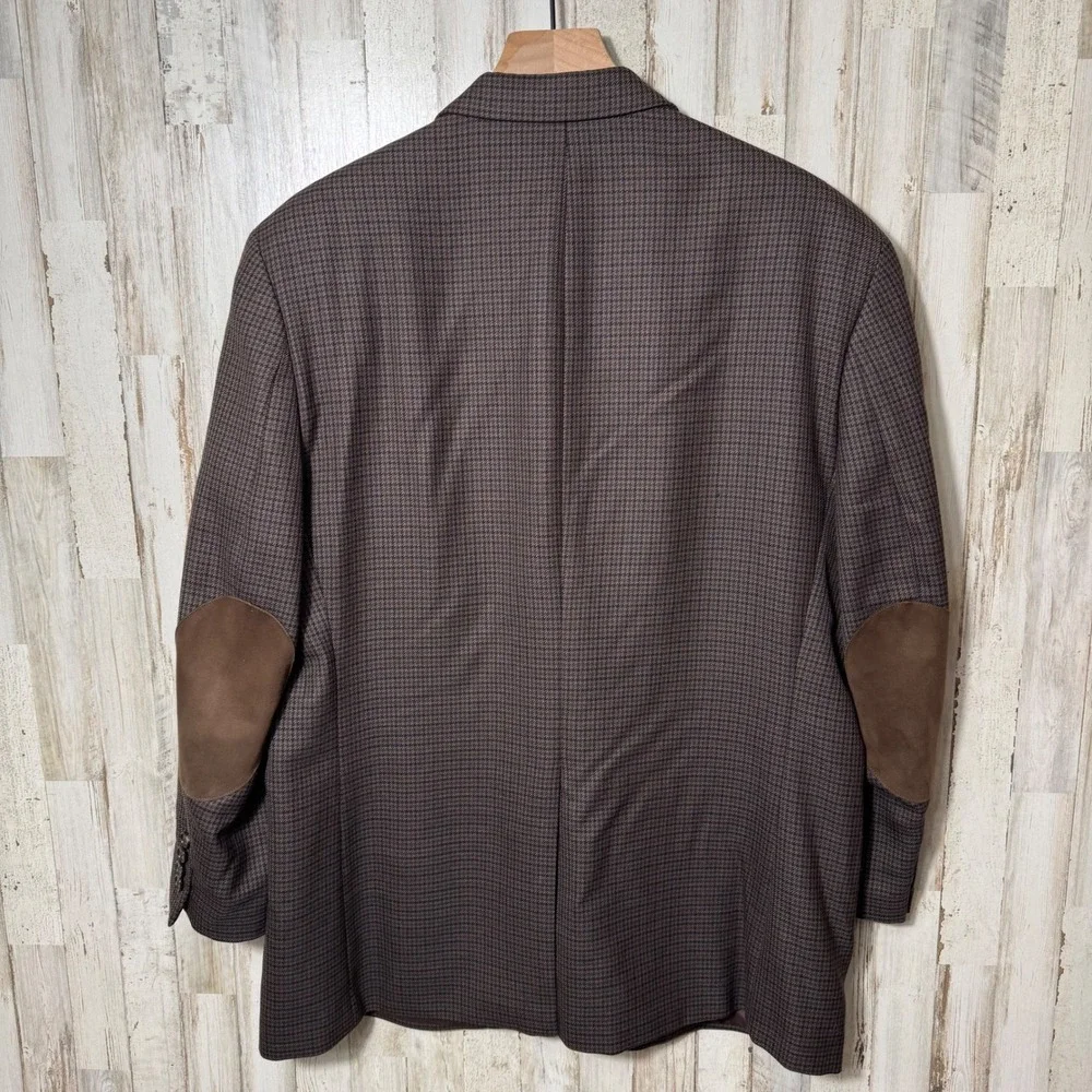 Ralph Lauren Brown Houndstooth Wool Blazer Elbow Patch Three Button Mens Size 44